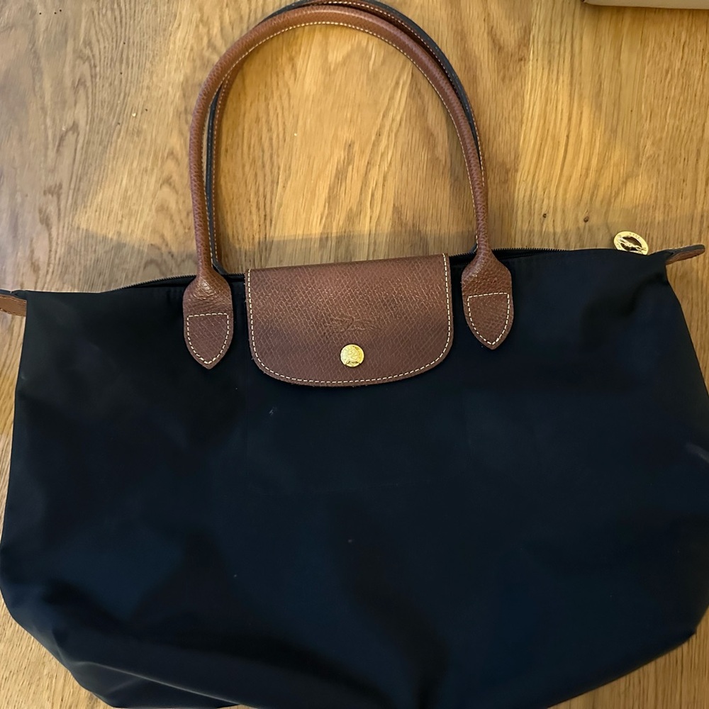 Longchamp Black Tote with Brown Handles